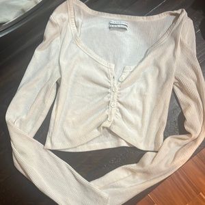 Lightly Worn White button up crop top longsleeve Urban Outfitters Ribbed Top